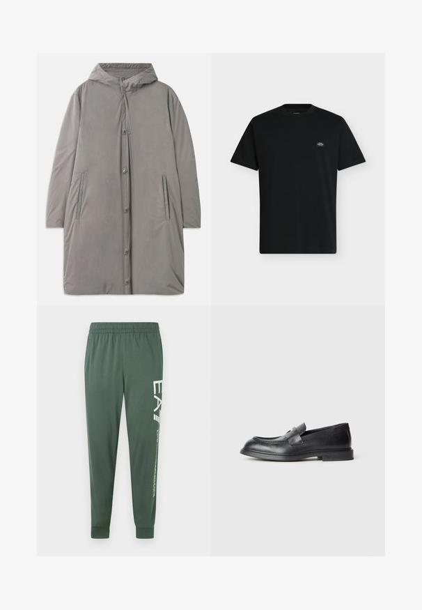 Helle graue Kapuzenjacke aus glattem, wasserabweisendem Stoff. Verfügt über Druckknöpfe, seitliche Taschen und eine entspannte, knielange Silhouette.; Schwarzes T-Shirt mit kurzen Ärmeln und Rundhalsausschnitt mit einem kleinen rechteckigen Logo-Patch auf der oberen linken Brust.; Grüne Sporthose mit elastischem Bund, verjüngter Form und weißem Logodetail entlang des linken Beins; glatter, leichter Stoff.; Schwarze Lederloafer mit strukturierter Oberfläche, versehen mit einem dekorativen Frontriemen und einer abgerundeten Spitze. Gummisohle für Langlebigkeit.