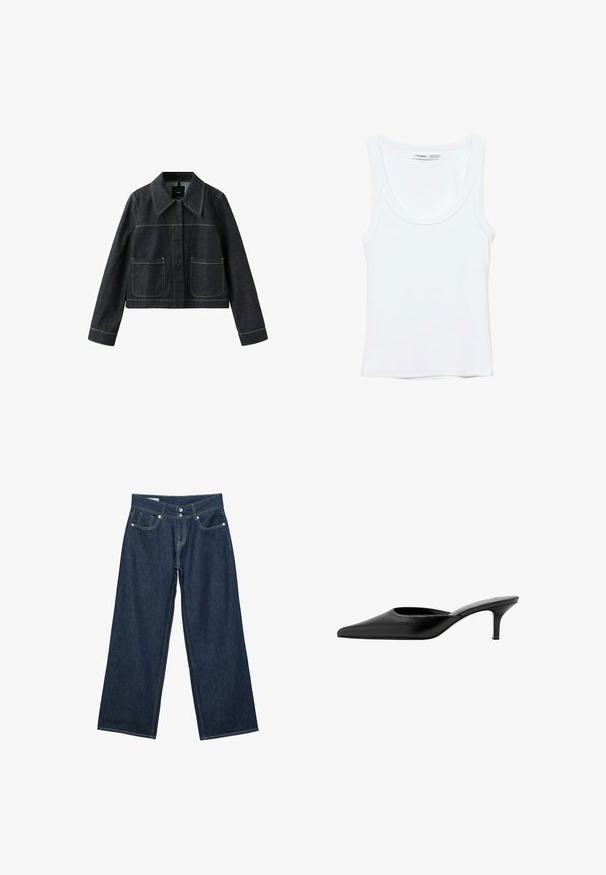 Veste en denim foncé avec col large, deux poches plaquées avant, manches longues et coutures contrastantes visibles.; Débardeur blanc uni sans manches avec encolure arrondie, fabriqué en tissu doux, étiquette à l'intérieur du col indiquant la marque et la taille.; Jeans en denim bleu foncé à jambes larges avec fermeture à double bouton, poches avant et surpiqûres contrastantes sur fond blanc.; Mule en cuir noir à bout pointu, avec un petit talon fin et un design sans contrefort pour enfiler facilement.