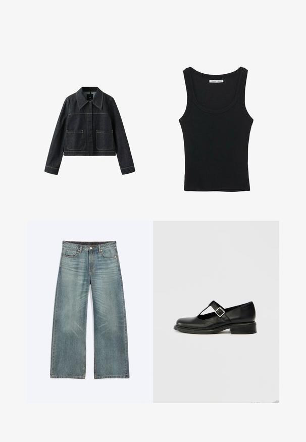 Veste en denim foncé avec col large, deux poches plaquées avant, manches longues et coutures contrastantes visibles.; Débardeur noir côtelé sans manches avec un col rond et un ourlet droit, étiquette à l'intérieur du dos du cou.; Jean bleu à jambes larges avec poches avant, passants de ceinture, fermeture par boutons et détails subtils d’usure sur les cuisses et les genoux.; Chaussure Mary Jane en cuir noir avec un bout rond, un design à bride en T, une boucle réglable et un petit talon empilé. Texture lisse avec peu de détails.