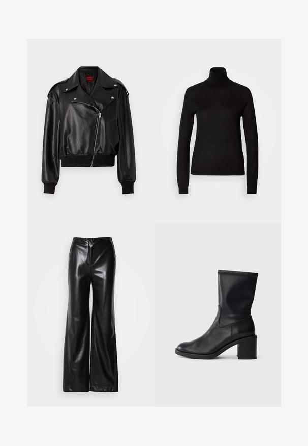 Sort læder cropped jakke med asymmetrisk lynlåslukning, brede klapper og ribbede manchetter og kant. Har en struktureret overflade og sidelomme.; Sort turtleneck sweater lavet af et let strikket stof. Har lange ærmer og en tætsiddende silhuet med raglan-sømme.; Sorte læder bukser med bred ben, glat tekstur, høj talje og skjult lynlås foran. Skræddersyet pasform med en ren finish.; Sort læder ankelstøvle med rund tå, glat tekstur og en grov hæl, der har et tætsiddende skaft og subtil syning.