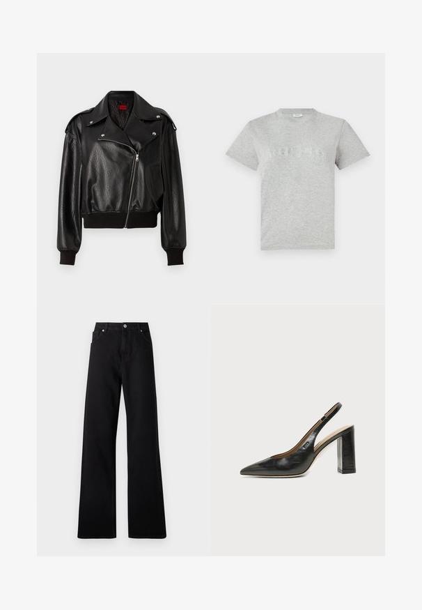 Zwart leren cropped jack met asymmetrische ritsluiting, brede revers en ribgebreide manchetten en onderrand. Heeft een gestructureerde afwerking en een zijzak.; Grijze katoenen T-shirt met korte mouwen, klassieke ronde hals en sprankelende rhinestone-detailing in een gebogen tekstontwerp over de voorkant.; Zwarte wide-leg jeans van denim met een vijf-pockets ontwerp, voorste knoopsluiting en subtiele stikdetails.; Zwarte leren slingback schoen met spits toelopend neusje, hoge blokhak en beige binnenvoering tegen een effen lichte achtergrond.