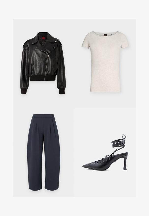 Zwart leren cropped jack met asymmetrische ritsluiting, brede revers en ribgebreide manchetten en onderrand. Heeft een gestructureerde afwerking en een zijzak.; Beige T-shirt met korte mouwen en een ronde hals met een subtiele gemêleerde textuur en een zwart label aan de binnenkant van de kraag.; Donkerblauwe wijde cropped broek met hoge taille en plooien aan de voorkant, getoond tegen een effen lichte achtergrond.; Zwarte pumps met puntige neus, hoge hak, en een enkelbandje dat om de enkel wikkelt, voorzien van meerdere oogjes voor veters aan de voorkant.