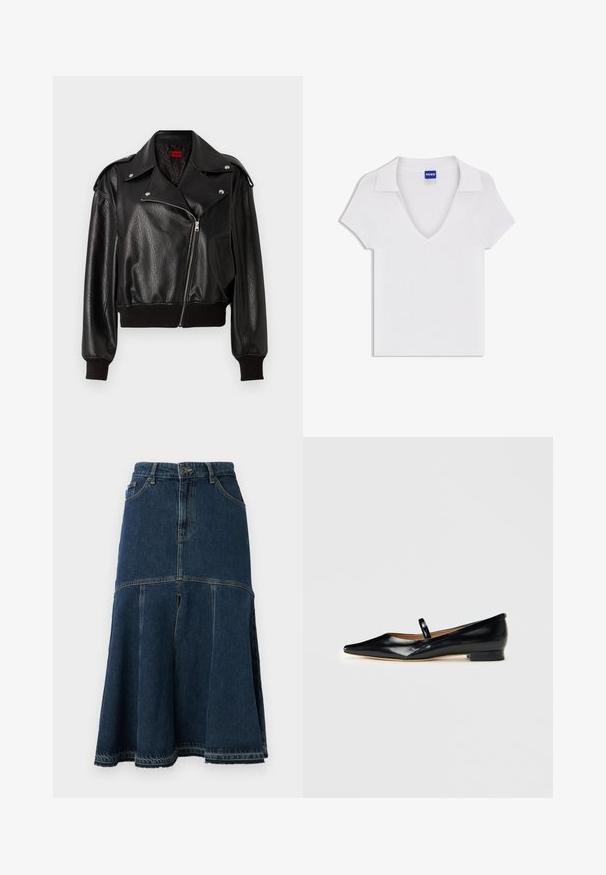 Sort læder cropped jakke med asymmetrisk lynlåslukning, brede klapper og ribbede manchetter og kant. Har en struktureret overflade og sidelomme.; Hvid kortærmet skjorte med V-udskæring og bred krave, lavet af tekstureret stof, med en blå "HUGO"-etiket indeni halsudskæringen.; Denimnederdel i mørkeblå med en udvidet form, der har høj talje, forlommer og en rå kant. Slidt tekstur og syning detaljer.; Sorte patenterede læder Mary Jane flade sko med spids tå, én rem og lav hæl på ensfarvet baggrund.