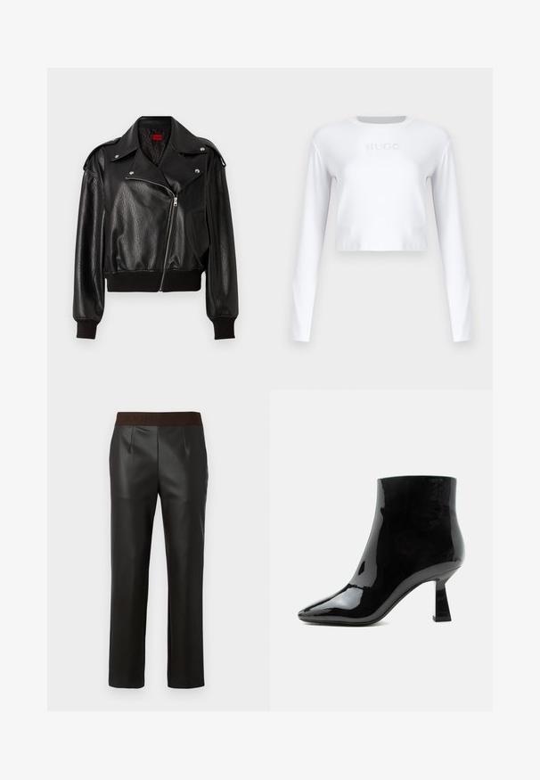 Zwart leren cropped jack met asymmetrische ritsluiting, brede revers en ribgebreide manchetten en onderrand. Heeft een gestructureerde afwerking en een zijzak.; Witte langemouwen cropped top van gladde stof, met een subtiele "HUGO" logo in lichtgrijs op de voorkant.; Zwarte faux leren broek met een bruine logo tailleband, rechte pasvorm, voorplooien en een gladde textuur.; Zwarte glanzende lakleren enkellaars met spitse neus en uitlopende middelhoge hak op witte achtergrond.