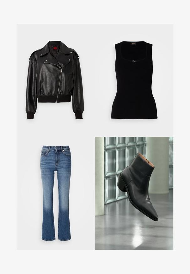 Sort læder cropped jakke med asymmetrisk lynlåslukning, brede klapper og ribbede manchetter og kant. Har en struktureret overflade og sidelomme.; Sort ribbet tanktop med firkantet udskæring, der har en lille logoaccent i midten. Lavet af et blødt, tekstureret materiale.; Denim flared jeans i lys til mørk blå gradient, med høj talje, fem lommer og lys falming på de nederste ben.; Sort læderankelstøvle med spids tå og blokhæl, der svæver over en reflekterende grå gulv nær en væg af glasblokke.