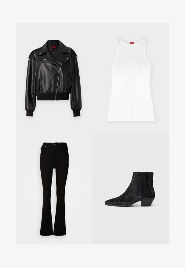 Zwart leren cropped jack met asymmetrische ritsluiting, brede revers en ribgebreide manchetten en onderrand. Heeft een gestructureerde afwerking en een zijzak.; Wit mouwloos geribd tanktopje met hoge ronde hals en aansluitende pasvorm, weergegeven op een effen lichte achtergrond.; Zwarte flared jeans van denim, met een hoge taille, voorzakken en een klassiek vijf-pocket ontwerp met metalen accenten.; Zwarte enkelboot met een spitse neus, textuur die lijkt op haar, ribbelpaneel aan de zijkant en een lage blokhak. Eenvoudig en modern ontwerp.