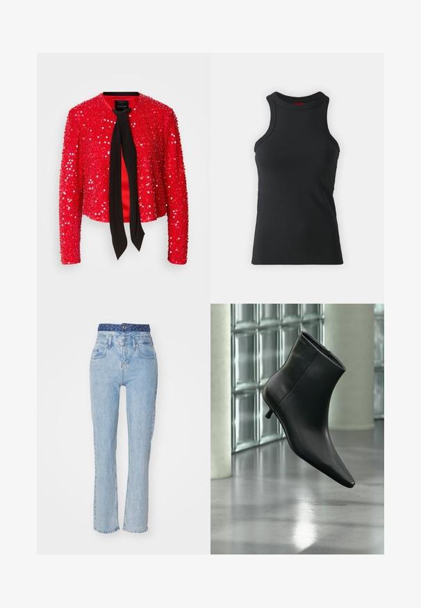 Veste à paillettes rouges avec un nœud en tissu noir au niveau du col. Elle possède des manches longues, un col rond et une surface brillante et texturée.; Débardeur sans manches noir en tissu extensible. Présente un col rond et une silhouette ajustée avec des détails de couture minimaux.; Jeans en denim bleu clair avec une taille haute, des jambes légèrement évasées et une ceinture bleue à motifs. Possède des poches avant et une fermeture à bouton.; Bottine en cuir noir à bout pointu et petit talon kitten, présentée en angle devant un sol poli et un mur en blocs de verre.