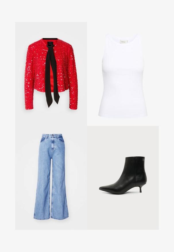 Veste à paillettes rouges avec un nœud en tissu noir au niveau du col. Elle possède des manches longues, un col rond et une surface brillante et texturée.; Débardeur blanc côtelé avec un col rond et sans manches. Tissu extensible et design ajusté. Étiquette au dos indiquant "GESTUZ."; Jeans en denim bleu clair à jambes larges avec une taille haute, des poches avant et des coutures surpiquées. Le tissu a une légère texture typique du denim.; Bottine en cuir noir avec bout pointu et petit talon kitten sur fond clair, vue côté extérieur.
