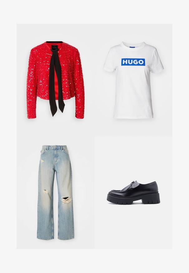 Veste à paillettes rouges avec un nœud en tissu noir au niveau du col. Elle possède des manches longues, un col rond et une surface brillante et texturée.; T-shirt en coton blanc avec un logo rectangulaire bleu "HUGO" imprimé sur la poitrine. Encolure classique et manches courtes.; Jean droit bleu clair taille haute avec passants de ceinture, et déchirures usées sur la cuisse gauche, le genou droit, et le bas de la jambe gauche.; Mocassin à plateforme noire avec semelle épaisse à relief et étiquette décorative sur le lacet, présenté en profil latéral sur fond blanc.