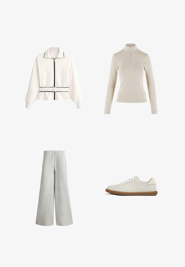 Veste blanche à fermeture éclair avec passepoil noir sur le col, la fermeture éclair et l'ourlet, dotée d'une ceinture assortie à la taille et de manches longues avec poignets.; Un haut à manches longues couleur beige clair en tissu côtelé, doté d'une fermeture éclair quart de zip au cou et d'une coupe ajustée.; Pantalon large gris clair avec taille élastique et cordon de serrage, fabriqué en tissu doux et texturé.; Baskets en cuir perforé blanches avec un bout arrondi et une semelle en caoutchouc marron. Elles sont dotées de lacets plats et d'un design low-profile.