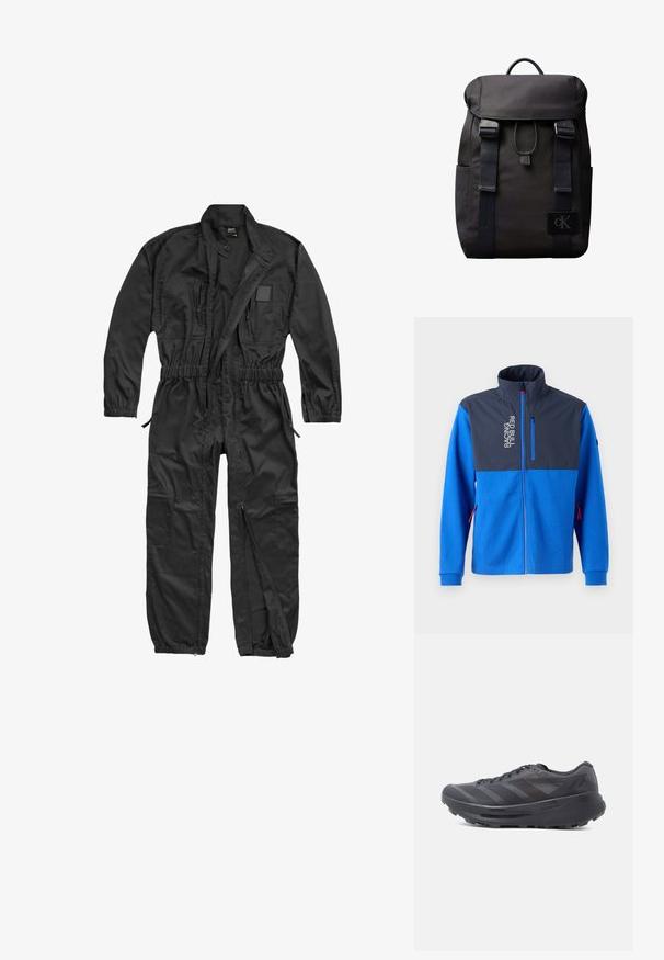 Chaqueta azul con un panel superior azul oscuro, que presenta un bolsillo con cremallera y el texto "RACING RED BULL". Tiene acentos rojos en las cremalleras y los puños.; Brandit BRANDIT HERREN EINSATZKOMBI - Mono - black; Zapatilla de running negra con parte superior de malla, superposiciones texturizadas y suela gruesa de goma. Cuenta con seis ojales y un diseño con patrón.; Mochila negra de Calvin Klein con cierre de solapa, dos correas frontales con hebillas, bolsillos laterales y asa superior.