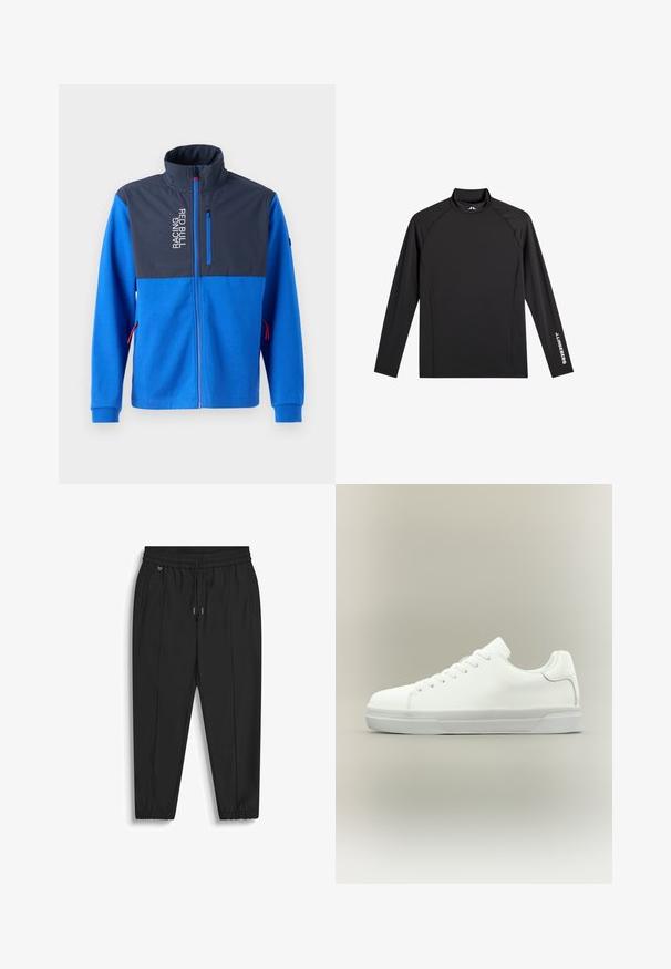 Chaqueta azul con un panel superior azul oscuro, que presenta un bolsillo con cremallera y el texto "RACING RED BULL". Tiene acentos rojos en las cremalleras y los puños.; Camiseta negra deportiva de manga larga con cuello alto falso, corte ajustado y logo blanco "J.Lindeberg" en la manga izquierda y el cuello.; Pantalones negros con cintura elástica, cordón, bolsillos laterales, perneras cónicas y puños elásticos sobre fondo blanco.; Zapatilla blanca de corte bajo con cierre de cordones, cuello acolchado y suela de goma texturizada, mostrada de perfil sobre un fondo neutro.