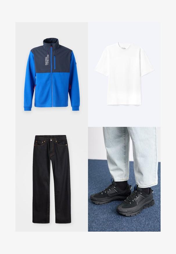 Blaue Jacke mit einem dunkelblauen oberen Panel, ausgestattet mit einer Reißverschlusstasche und dem Text "RACING RED BULL". Hat rote Akzente an den Reißverschlüssen und Ärmelbündchen.; Schlichtes weißes T-Shirt mit kurzen Ärmeln und Rundhalsausschnitt in entspannter Passform, auf hellem Hintergrund dargestellt.; Herren gerade geschnittene schwarze Jeans aus Denim mit fünf Taschen und orangefarbenen Nähten, Knopf- und Reißverschluss vorne am Bund.; Schwarze Sportschuhe aus strukturiertem Stoff mit Gummisohlen, ausgestattet mit elastischen Schnürsenkeln und einem blauen Akzent an der Ferse. Getragen mit hellen Jeans.