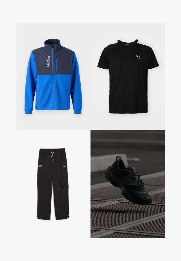 Blå jakke med et mørkeblå øverste panel, der har en lynlås lomme og teksten "RACING RED BULL". Har røde accenter på lynlåse og manchetter.; Sort kortærmet t-shirt med hvide accentstriber på skuldrene, rund halsudskæring og lille hvidt logo på venstre bryst. Blødt stof, klassisk pasform.; Puma STATEMENT PANTS - Cargobukser - black; Sorte sportsko med et tekstureret mesh-overdel og gummisål, der har en kraftig silhuet og snørresystem for en sikker pasform.
