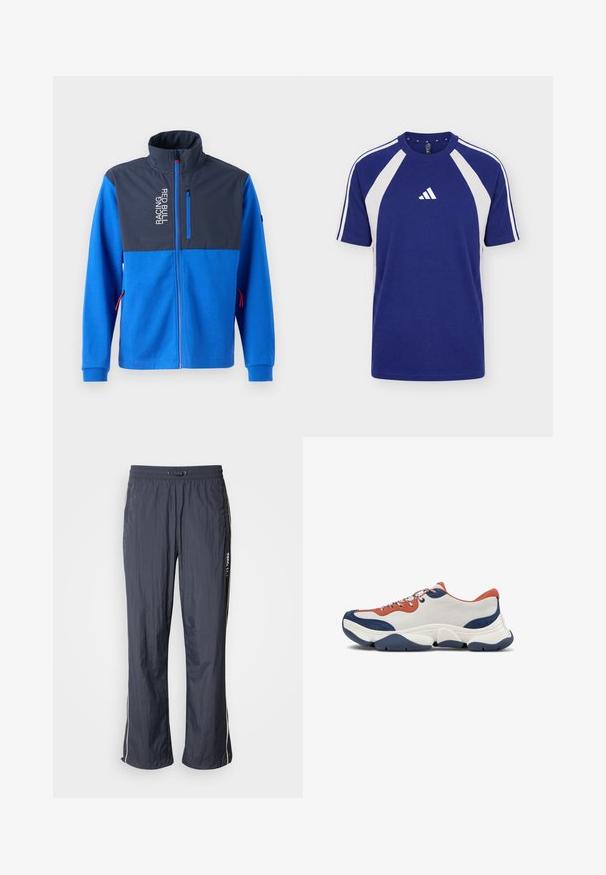 Blå jakke med et mørkeblå øverste panel, der har en lynlås lomme og teksten "RACING RED BULL". Har røde accenter på lynlåse og manchetter.; Blå og hvid sports-T-shirt med korte ærmer, rund hals og Adidas-logo på fronten i midten.; Mørkeblå letvægts løbebukser med elastisk talje, sidelommer og hvide accentstriber på siderne. Glat tekstur.; Sneakers med en overdel i hvid læder, orange og marineblå detaljer, flerfarvede snørebånd og en tyk marineblå gummisål med teksturerede riller.