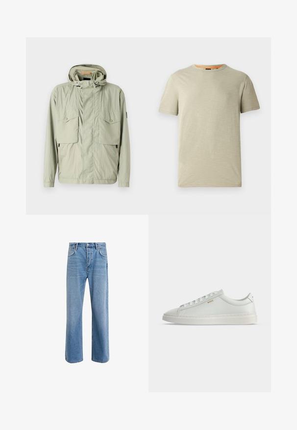 Veste légère vert clair avec capuche, deux poches poitrine et zips latéraux. Présente une texture lisse et des cordons de serrage ajustables.; T-shirt vert clair à manches courtes en tissu texturé. Doté d'un col rond et d'un petit logo "BOSS" en relief sur la poitrine.; Jeans en denim bleu clair avec une coupe droite, cinq poches, fermeture à bouton, peu d'usure et des détails de couture contrastés.; Baskets basses blanches en cuir avec lacets, semelle plate et petit logo doré "BOSS" sur le côté, vues de l'extérieur.