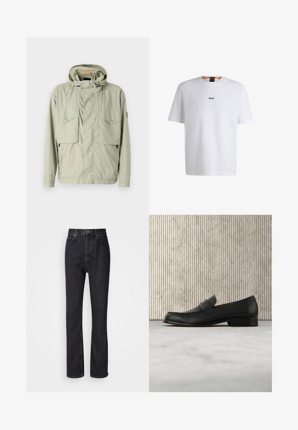 Veste légère vert clair avec capuche, deux poches poitrine et zips latéraux. Présente une texture lisse et des cordons de serrage ajustables.; T-shirt en coton blanc à manches courtes, avec un logo noir "BOSS" centré sur la poitrine et un design à col rond.; Jean en denim noir taille haute avec fermeture à bouton et à glissière, poches avant et arrière, et coupe droite.; Mocassin en cuir noir flottant au-dessus d'un tapis beige avec une table ronde brune brillante en arrière-plan.
