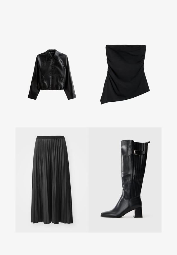 Zwarte cropped leren jas met een kraag, knoopsluiting en zijzakken. Heeft een gladde textuur en raglanmouwen.; Zwarte strapless top met asymmetrische zoom en subtiele geplooide details aan de zijkanten, ontworpen voor een aansluitende look.; Zwarte geplisseerde maxi rok met een gladde textuur en een elastische tailleband, met verticale plooien die volume en beweging creëren.; Zwarte leren laars tot de knie met een blokhak, een zijgesp en een verticale gestikte panel aan de achterkant.