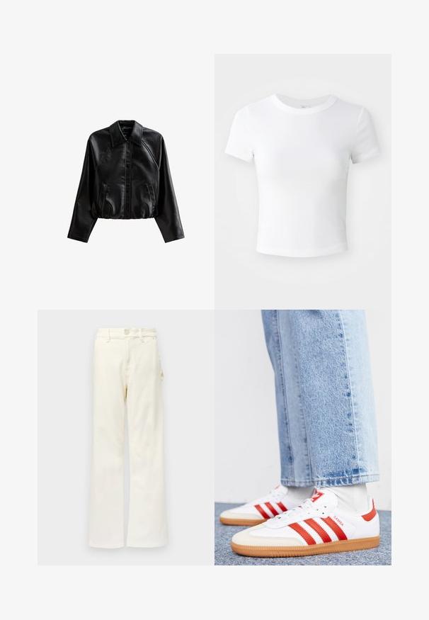 Zwarte cropped leren jas met een kraag, knoopsluiting en zijzakken. Heeft een gladde textuur en raglanmouwen.; Effen witte cropped t-shirt met korte mouwen en ronde hals, weergegeven op een neutrale lichte achtergrond.; Good American GOOD 90S CARPENTER - Wide leg - white denim; Witte leren sneakers met rode strepen en accenten. Voorzien van een getextureerde gumrubberen outsole en een gevoerde kraag. Draag ze met lichtblauwe denim.