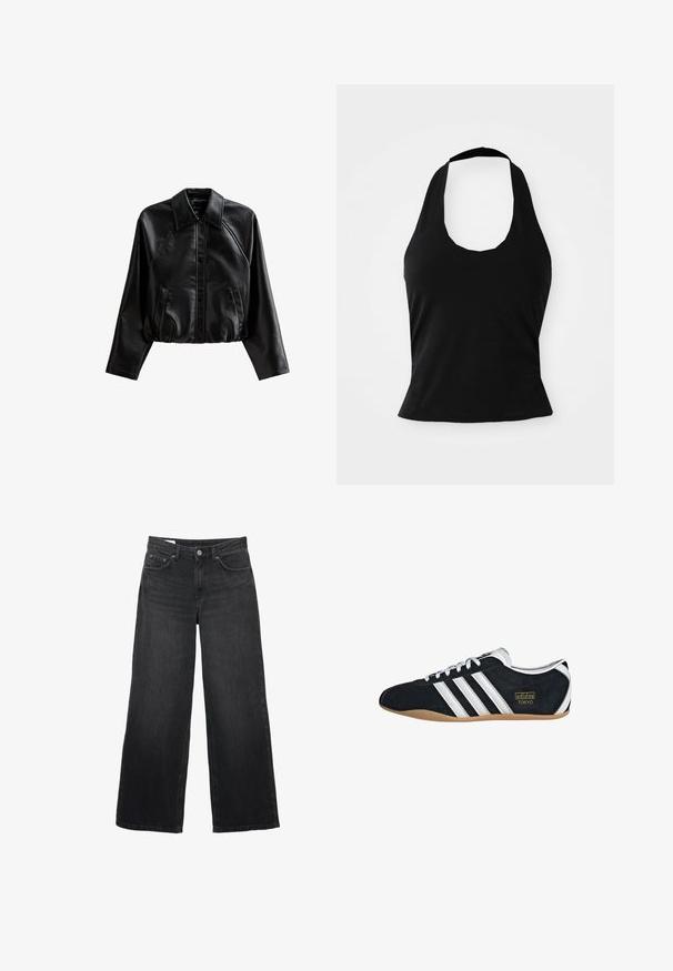 Zwarte cropped leren jas met een kraag, knoopsluiting en zijzakken. Heeft een gladde textuur en raglanmouwen.; Zwarte haltertop gemaakt van zacht materiaal, met een ronde hals en een getailleerde pasvorm, voorzien van een gladde textuur en zonder zichtbare patronen.; Zwarte wijde denim jeans met knoopsluiting aan de voorkant, ritssluiting, riemlussen en vijfzakkenontwerp op een witte achtergrond.; Zwarte suède sneaker met witte drie strepen, gouden logo en een bruine rubberen zool. Heeft een laag profiel vetersluiting ontwerp.