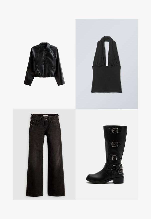 Veste en cuir noire courte avec un col, fermeture à boutons et poches latérales. Elle présente une texture lisse et des manches raglan.; Haut noir sans manches à col licou avec tissu froncé au niveau de la poitrine et large bande à la taille, présenté sur un fond plat gris clair.; Jean noir à jambes larges avec une finition légèrement délavée, comprenant des poches avant, une fermeture éclair et un bouton. Fabriqué en tissu denim.; Botte en cuir noire mi-mollet avec quatre boucles métalliques réglables et un petit talon bloc sur fond blanc.