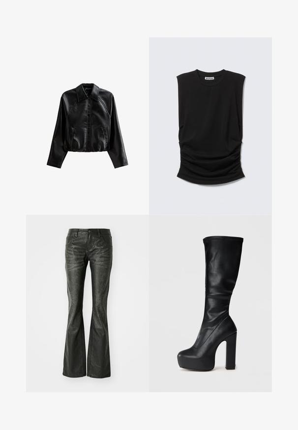Zwarte cropped leren jas met een kraag, knoopsluiting en zijzakken. Heeft een gladde textuur en raglanmouwen.; Zwarte mouwloze top met brede schoudervullingen, ronde hals en geplooid stofdetail bij de taille, met het label "Weekday" aan de binnenkant van de kraag.; Zwarte nepleer flared jeans met voorzakken, een metalen knoopsluiting en een licht gestructureerd oppervlak. Rechte pijpen met een lange snit.; Zwarte knielange platformboot met ronde neus en robuuste hoge hak, gladde lederen textuur, zonder zichtbare versieringen.