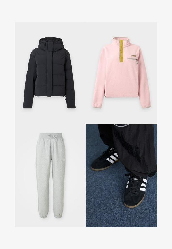 Zwarte gequilte winterjas met een capuchon, lange mouwen en een voorrits die bedekt is met een klep met drukknoopjes.; Lichtroze fleece trui met een hoge kraag, vier gele knopen, een grijze zak met rits en elastische afwerking aan de zoom en manchetten.; Grijze sweatpants met een elastische tailleband en trekkoord. De stof is zacht, met elastische boorden bij de enkels en een logodetail.; Zwarte suède sportschoenen met drie witte strepen en zwarte veters. Een gestructureerde zwarte broek is deels zichtbaar naast de schoenen.