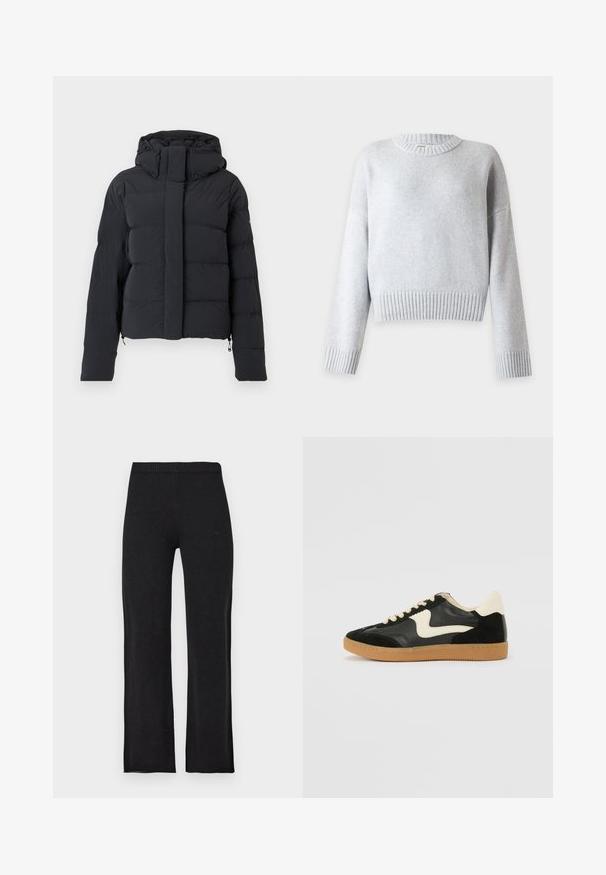 Sort quiltet vinterjakke med hætte, lange ærmer og frontlynlås dækket af en klap med trykknapper.; Lysegrå strikket sweater med lange ærmer, ribkanter ved ærmer, kant og rund hals på en ensfarvet baggrund.; Sorte strikkede bukser med lige ben og elastisk talje, vist fladt på en lys baggrund.; Sorte ruskinds- og lædersneakers med en cremefarvet side-swoosh og lys cremefarvet hæl. Har beige snørebånd og en gummirubber-sål.