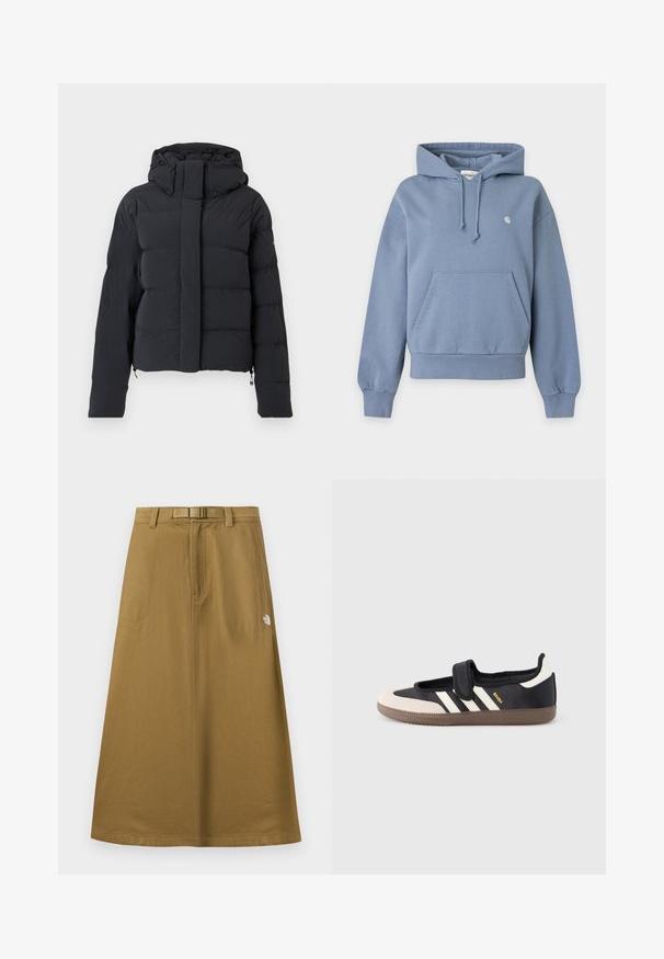 Zwarte gequilte winterjas met een capuchon, lange mouwen en een voorrits die bedekt is met een klep met drukknoopjes.; Blauwe pullover hoodie met voorvak, trekkoord capuchon, geribbelde boorden en zoom, en een klein wit logo op de linkerborst.; Lange, beige buitenrok met voorzakken, geïntegreerde riem en het The North Face-logo aan de rechterkant.; Zwart-beige sneaker met een klittenbandsluiting, drie witte strepen aan de zijkant en een getextureerde bruine rubberen zool. Merkembleem zichtbaar.