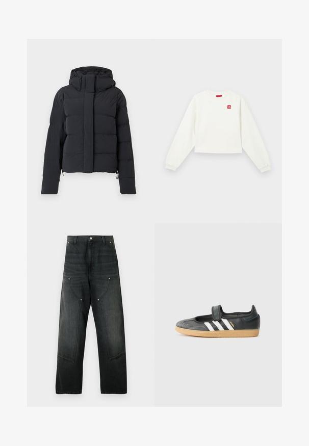 Chaqueta de invierno negra acolchada con capucha, mangas largas y cremallera frontal cubierta por una solapa con botones a presión.; Sudadera blanca recortada con mangas largas, cuello redondo y parche de logo rojo en el lado izquierdo del pecho. Tejido suave y puños acanalados.; Pantalones de mezclilla negra de pierna ancha con cintura alta, cierre de botones, trabillas para cinturón, bolsillos delanteros sobredimensionados con detalles de remaches.; Zapatilla de deporte de cuero negro y ante con una correa de Velcro, que presenta tres rayas blancas y una suela de goma, etiquetada "SAMBA" en el lateral.