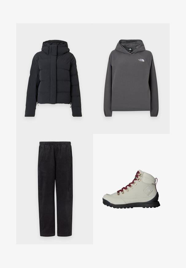 Zwarte gequilte winterjas met een capuchon, lange mouwen en een voorrits die bedekt is met een klep met drukknoopjes.; Grijze capuchontrui van fleece met een ontspannen pasvorm, geribbelde manchetten en een klein wit logo op de linker borst. Zachte textuur en eenvoudig ontwerp.; Zwarte corduroy broek met elastische tailleband en rechte pijpen, plat gelegd tegen een witte achtergrond.; Beige wandelschoen met rode veters, metalen oogjes en een gestructureerd oppervlak. Heeft een stevige zwarte zool en een opvallend logo op de zijkant.