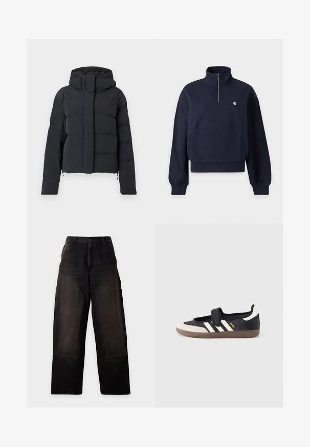 Sort quiltet vinterjakke med hætte, lange ærmer og frontlynlås dækket af en klap med trykknapper.; Marineblå sweatshirt med kvart-lynlås og ribstrikkede manchetter og kant, med en lille hvid logo på venstre bryst.; Sorte vidde bukser med høj talje og store forlommer, vist fladt på en hvid baggrund.; Sort og beige sko med velcrolukning, tre hvide striber på siden og en tekstureret brun gummisål. Mærkelogo er synligt.
