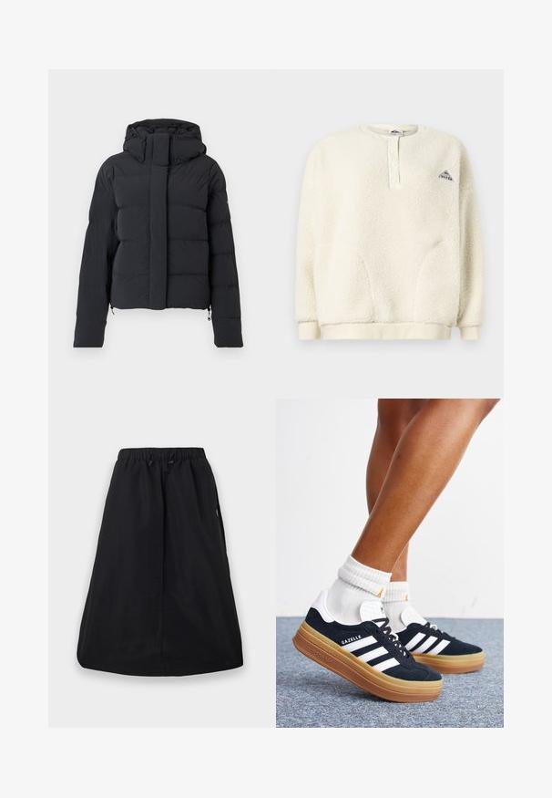 Zwarte gequilte winterjas met een capuchon, lange mouwen en een voorrits die bedekt is met een klep met drukknoopjes.; Crème kleurige fleecetop met lange mouwen, knoopsluiting bij de kraag, geribde manchetten en onderrand, en een klein driehoekig logo op de borst.; Zwarte A-lijn rok met elastische tailleband en verstelbare trekkoord, knielengte, effen ontwerp met zijzakken.; Ben met witte sokken en zwarte Adidas Gazelle sneakers met witte strepen en dikke bruine zolen op een grijs tapijt.