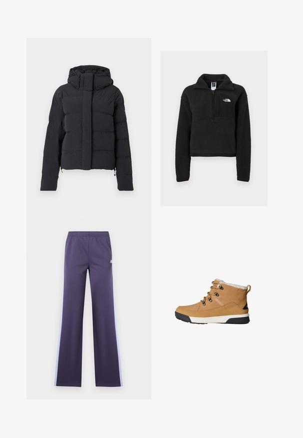 Sort quiltet vinterjakke med hætte, lange ærmer og frontlynlås dækket af en klap med trykknapper.; Sort fleece pullover med en kvart lynlås, høj krave og en brystlomme med et hvidt logo. Blød tekstur og cropped design.; Lilla sportbukser med elastisk talje og lyseblå striber på siderne, med en lille hvid logo på højre lår.; Brune ankelstøvler med en tekstureret læderoverdel, fleecefor, runde snørebånd og en gummisål med et sort og hvidt design.