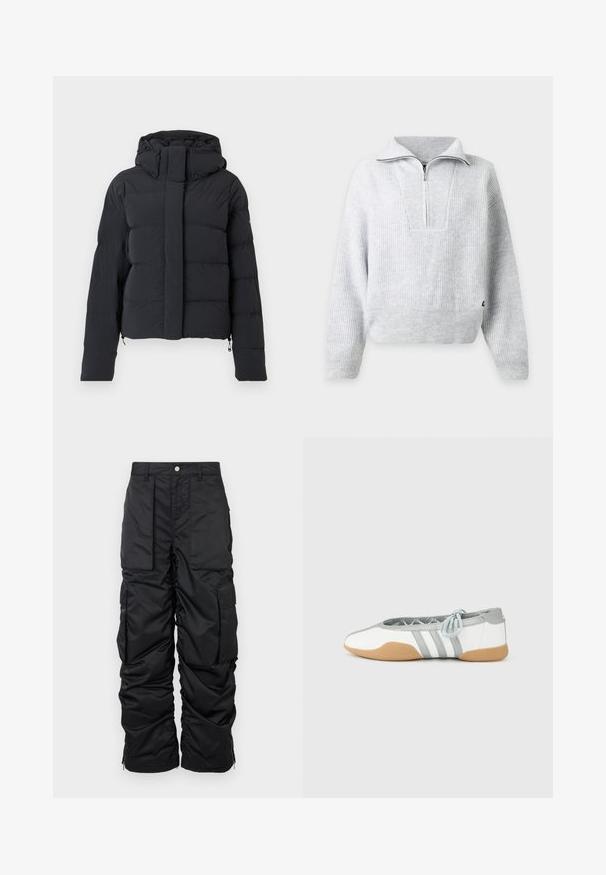 Sort quiltet vinterjakke med hætte, lange ærmer og frontlynlås dækket af en klap med trykknapper.; Lysegrå ribstrikket pullover med lange ærmer og en halv lynlås krave, vist mod en ensfarvet hvid baggrund.; Sorte isolerede cargobukser med en glat tekstur, der har flere lommer, en lynlås i kanten og en knaplukning i taljen.; Hvide og grå balletsko med rund tå og elastisk snøre, med tre grå striber og en beige gummisål.