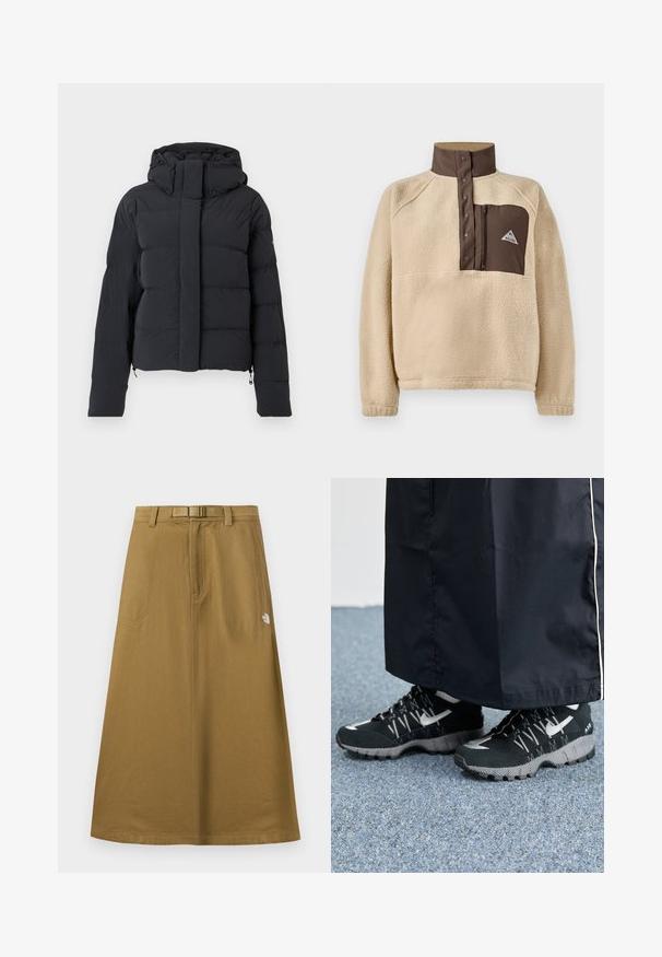 Sort quiltet vinterjakke med hætte, lange ærmer og frontlynlås dækket af en klap med trykknapper.; Beige fleece pullover med brun høj krave, halvknaplukning og brystlomme med logo og lynlåsdetalje. Blødt, tekstureret stof.; Lang, lysebrun udendørsskjørt med forlommer, integreret bælte og The North Face-logo på højre side.; Sorte sportsko med en struktureret overdel, sølvdetaljer og en mønstret ydersål, parret med et langt sort plagg. Sat mod blå tæpper.