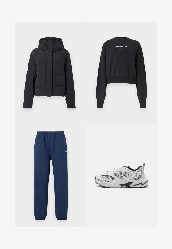 Schwarze, gesteppten Winterjacke mit Kapuze, langen Ärmeln und einem Reißverschluss, der von einer Klappe mit Druckknöpfen verdeckt wird.; Schwarzes, kurzes Sweatshirt mit langen Ärmeln, gerippten Bündchen und Saum, mit weißem "NIKE SHOX" Schriftzug und blauem Nike-Swoosh auf der Brust.; Marineblaue Jogginghose mit elastischem Bund und Bündchen, mit kleinem weißem Nike-Swoosh am oberen linken Oberschenkel.; Weiße Sportschuhe mit Netzpanelen, schwarzen Akzenten und einer strukturierten Sohle. Sie bieten ein schlankes Design und ein auffälliges Logo an der Seite.