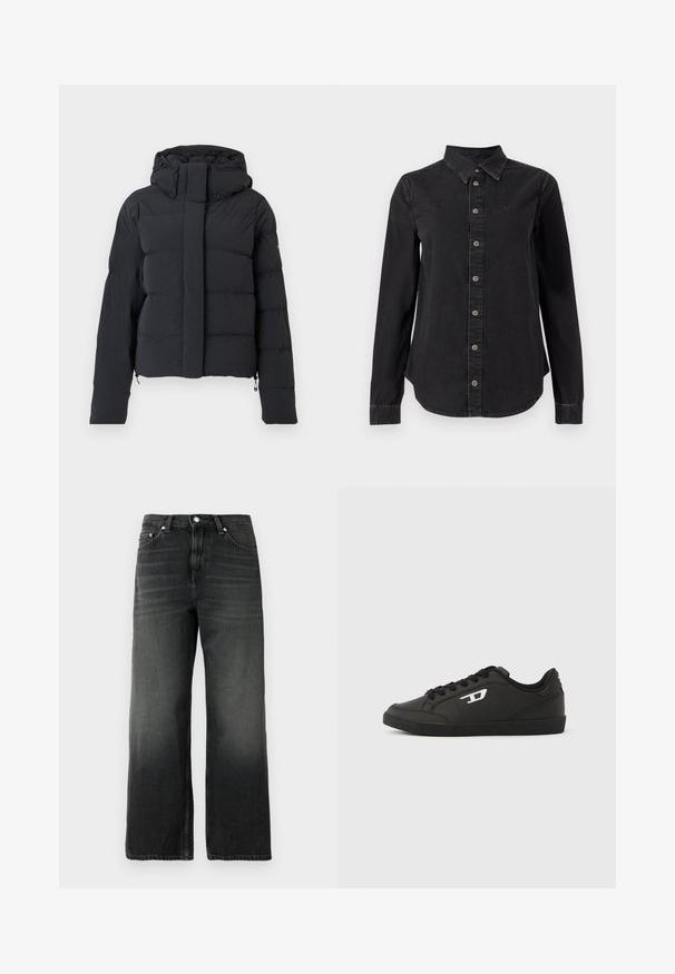 Schwarze, gesteppten Winterjacke mit Kapuze, langen Ärmeln und einem Reißverschluss, der von einer Klappe mit Druckknöpfen verdeckt wird.; Schwarzes langärmeliges Hemd aus Denim mit einem Kragen zum Knöpfen, durchgehender Knopfleiste vorn und dezentem Logodetail auf der Brust.; Schwarze Jeans aus Denim mit lockerer Passform, geradem Beinschnitt, verblasster Textur, Fünf-Taschen-Stil und silbernem Knopfverschluss an der Taille.; Schwarze Sneaker aus glattem synthetischem Material mit niedrigem Schaft, rundem Zeh, Schnürverschluss vorne und dezentem Logodetail an der Seite.