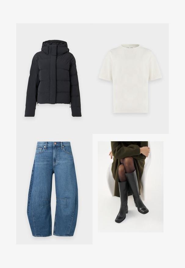 Schwarze, gesteppten Winterjacke mit Kapuze, langen Ärmeln und einem Reißverschluss, der von einer Klappe mit Druckknöpfen verdeckt wird.; Schlichtes, off-whitefarbenes T-Shirt mit kurzen Ärmeln und Rundhalsausschnitt in entspannter Passform, dargestellt vor hellem Hintergrund.; Blaue Jeans mit weitem Bein und hoher Taille, vorne und hinten Taschen sowie ausgeprägte Nahtdetails am Knie.; Knöchelhöhe schwarze Lederstiefel mit quadrater Spitze und Blockabsatz, gezeigt mit einem Modell, das einen olivgrünen Mantel trägt. Glatte Textur, minimale Details.