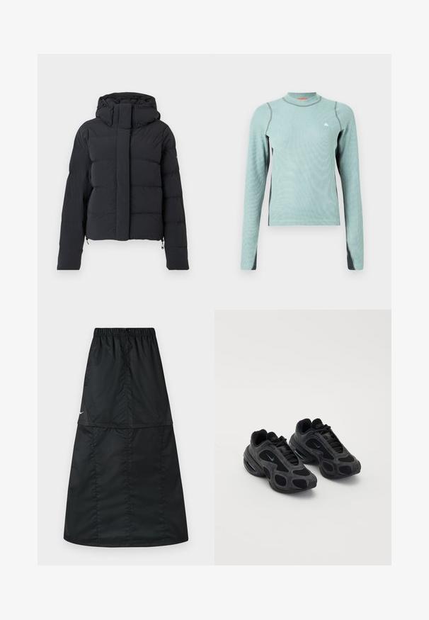 Schwarze, gesteppten Winterjacke mit Kapuze, langen Ärmeln und einem Reißverschluss, der von einer Klappe mit Druckknöpfen verdeckt wird.; Hellgrünes Langarmshirt mit hohem Kragen, das graue Akzente und einen strukturierten Stoff aufweist. Kleines Logo auf der Brust.; Schwarzer sportlicher Rock aus leichtem, glattem Nylonstoff. Verfügt über einen elastischen Bund und ein schlichtes, langes, A-förmiges Design.; Schwarze Nike-Sneaker mit Mesh- und Wildlederpaneelen, einzigartigen Ausschnitten und gepolsterten Kragen. Glänzende Akzente an den Seiten betonen ein modernes Design.