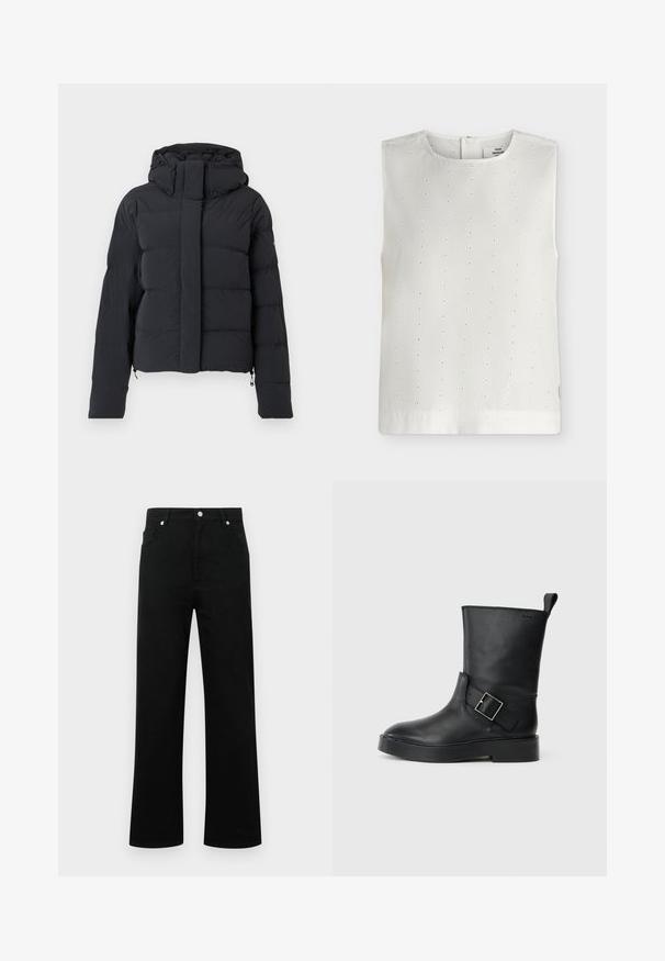 Schwarze, gesteppten Winterjacke mit Kapuze, langen Ärmeln und einem Reißverschluss, der von einer Klappe mit Druckknöpfen verdeckt wird.; Ärmellose weiße Bluse mit kleinen bestickten Lochstickereien in vertikalen Reihen und rundem Ausschnitt, auf schlichtem Hintergrund dargestellt.; Schwarze Denim-Jeans mit hoher Taille, geradem Schnitt, zwei vorderen Taschen, Knopfverschluss und minimalistischem Design.; Schwarze Lederstiefelette mit runder Zehenform, flacher Sohle und einem silbernen Schnallenakzent an der Seite. Verfügt über eine Zuglasche an der Rückseite.