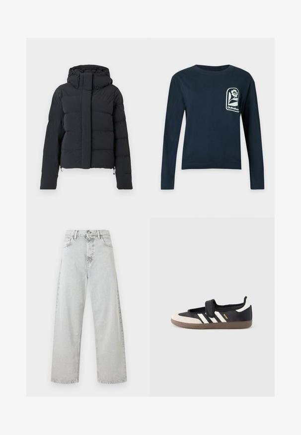 Chaqueta de invierno negra acolchada con capucha, mangas largas y cremallera frontal cubierta por una solapa con botones a presión.; Camisa de manga larga azul marino con cuello redondo y un logo de flor blanca con texto "Quiksilver" en el pecho izquierdo.; Vaqueros de mezclilla gris claro de pierna recta y cintura alta, con botón frontal, cremallera y diseño de cinco bolsillos.; Zapatilla negra y beige con una correa de velcro, tres rayas blancas en el lateral y una suela de goma marrón texturizada. Logotipo de la marca visible.