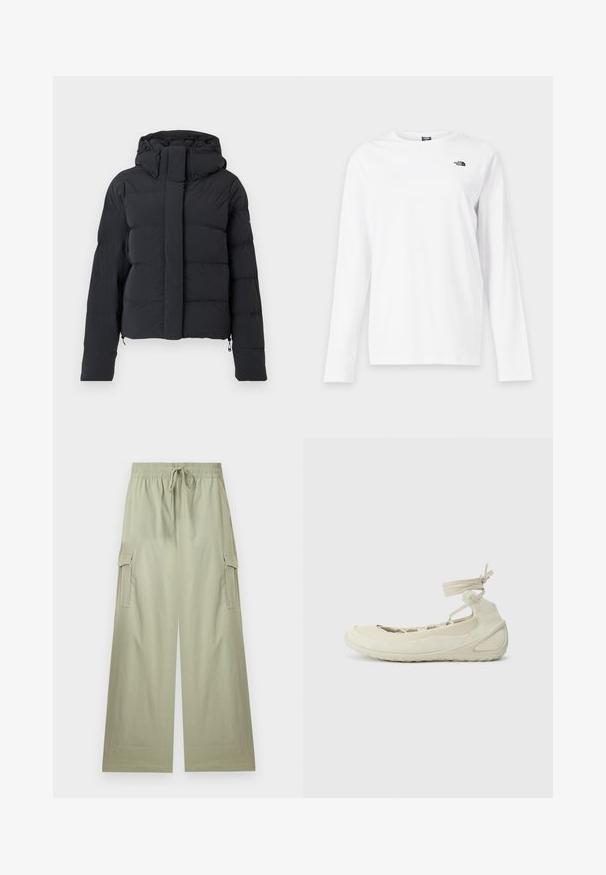 Zwarte gequilte winterjas met een capuchon, lange mouwen en een voorrits die bedekt is met een klep met drukknoopjes.; Wit shirt met lange mouwen en ronde hals met klein zwart The North Face-logo op de linkerborst.; Lichtgroene cargo-broek met wijde pijpen, elastische tailleband en trekkoord, met zijflappzakken en een ontspannen pasvorm.; Lichtbeige ballet flats met een ronde neus, vetersluiting bij de enkel, textuur op het oppervlak en een flexibele zool. Geschikt voor casual kleding.