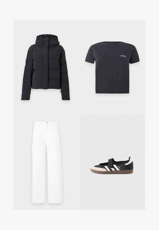 Sort quiltet vinterjakke med hætte, lange ærmer og frontlynlås dækket af en klap med trykknapper.; Sort bomulds t-shirt med korte ærmer, rund hals, med et blåt "obey" logo på venstre bryst. Glat tekstur, almindelig pasform.; Hvide denimbukser med bred ben design, klassisk fem-lomme stil og en ensfarvet overflade uden mønstre eller udsmykninger.; Sort og beige sko med velcrolukning, tre hvide striber på siden og en tekstureret brun gummisål. Mærkelogo er synligt.