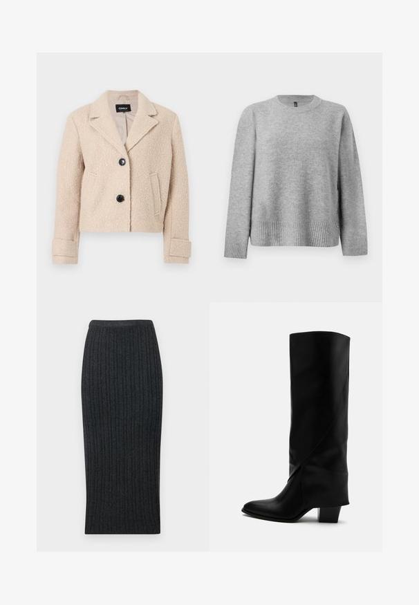 Veste beige courte en laine texturée avec revers crantés, deux boutons noirs, poches latérales et détails aux poignets.; Pull en tricot gris avec un col rond, un ourlet côtelé et des boutons sur les côtés pour une touche de détail. Texture douce et coupe décontractée.; Jupe midi en tricot côtelé gris foncé avec une silhouette ajustée et une taille élastique. Présente des côtes verticales pour ajouter de la texture.; Botte haute en cuir noir avec couture inclinée, bout pointu et talon épais de taille moyenne sur fond blanc.