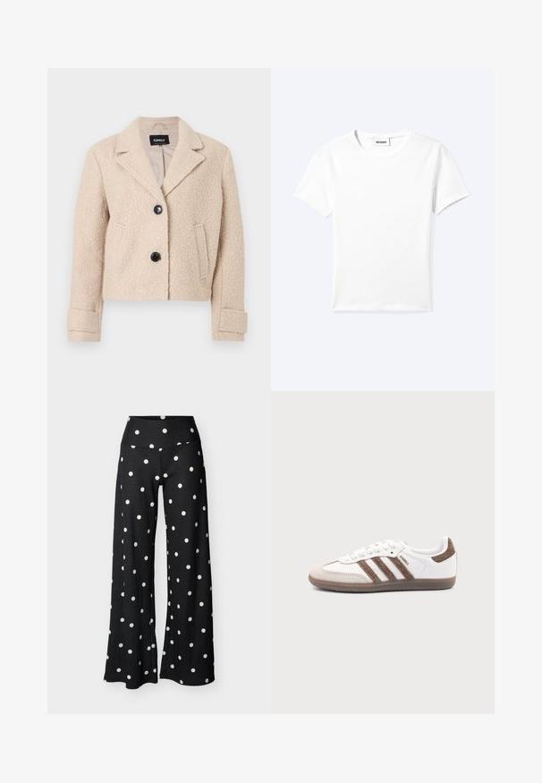 Veste beige courte en laine texturée avec revers crantés, deux boutons noirs, poches latérales et détails aux poignets.; T-shirt blanc uni à manches courtes et col rond avec une petite étiquette "WEEKDAY" à l'intérieur de l'encolure, présenté à plat sur un fond clair.; Pantalon noir à jambes larges avec une taille haute et un motif de pois blancs répartis uniformément sur le tissu.; Baskets Adidas Samba blanches avec des bandes en daim marron, semelle en caoutchouc marron et bout en daim beige, vues du côté extérieur sur un fond uni.