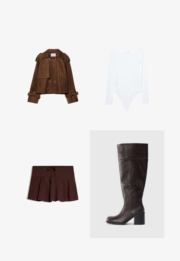 Braune Wildlederjacke in Kurzform mit doppelten Knöpfen, Schulterklappen und Gürtelriemen an den Ärmeln. Verfügt über vordere Klappentaschen und einen gekerbten Kragen.; Weißer Body mit langen Ärmeln, weitem Boot-Ausschnitt und hoch geschnittenen Beinöffnungen, dargestellt auf einem einfarbigen weißen Hintergrund.; Dunkelbrauner, plissierter Rock mit breitem Bund und Kordelzug in der Mitte vorne, flach auf weißem Hintergrund liegend.; Braune Lederkniehohe Stiefel mit abgerundeter Spitze und gestapeltem Absatz. Merkmale sind eine glatte Oberfläche und seitliche Nähte.