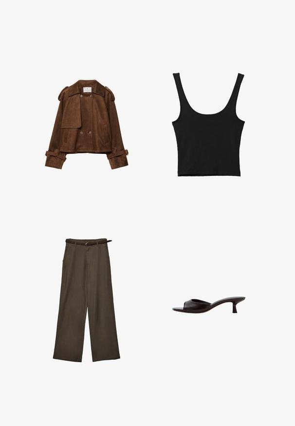 Brun ruskind kort jakke med dobbeltradede knapper, skulderstropper og bæltestropper på ærmerne. Har frontlommer med klap og en skrå krave.; Sort cropped tank top med brede skulderstropper, lavet i blødt materiale, med en glat tekstur og et minimalistisk design.; Brune bukser med brede ben og et matchende brunt bælte, lagt fladt mod en hvid baggrund.; Sort mule sandal med åben tå, lav buet hæl og en glat læderoverdel mod en hvid baggrund.