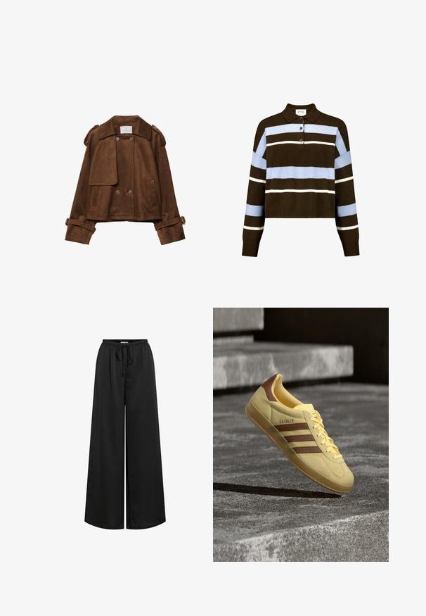 Brun ruskind kort jakke med dobbeltradede knapper, skulderstropper og bæltestropper på ærmerne. Har frontlommer med klap og en skrå krave.; Brun, kortærmet strikket polo-sweater med lyseblå og hvide striber, tre-knap lukning og ribbede manchetter. Blødt, tekstureret stof.; Løse sorte bukser med vide ben, elastisk talje og snøre foran, vist på en hvid baggrund.; Gul Adidas Gazelle sneaker med brune striber og hældetalje, der svæver over en grå betongulv med trin i baggrunden.