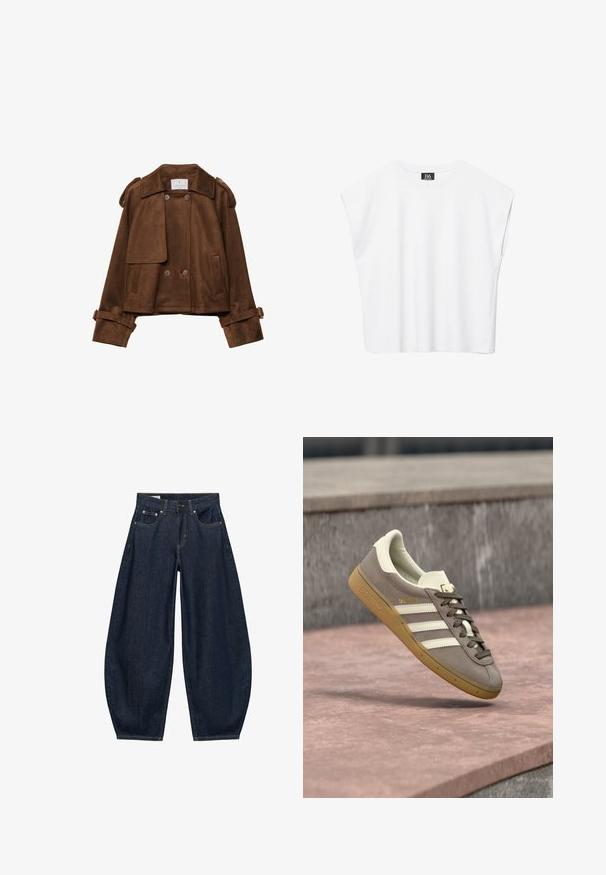 Brun ruskind kort jakke med dobbeltradede knapper, skulderstropper og bæltestropper på ærmerne. Har frontlommer med klap og en skrå krave.; Hvid ærmeløs crop top med rund halsudskæring, brede skuldre og sort "B6"-label indvendigt i kraven.; Mørkeblå vidde jeans med frontlommer, bæltestropper og knaplukning i taljen.; Lysebrun ruskinds Adidas-sneaker med hvide striber og gummisål, svævende over lyserøde stentrapper udendørs.